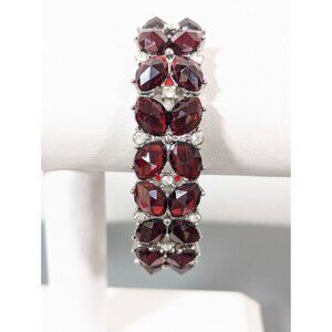 Monet Red Rhinestone Tennis Bracelet 7" Stretch Silver Tone